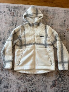 Columbia Cream and Gray Plaid Sherpa Hooded Zip Jacket